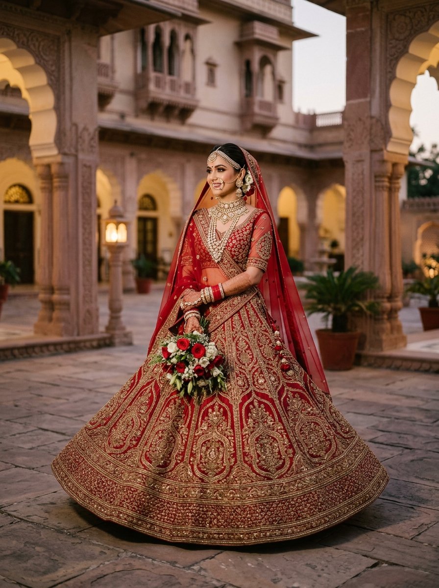Fashion Hut Heritage Crimson Zardozi Handcrafted Bridal Lehenga Set