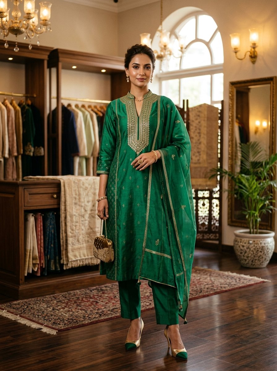 Fashion Hut Emerald Silk Handcrafted Embroidered Designer Kurti Set