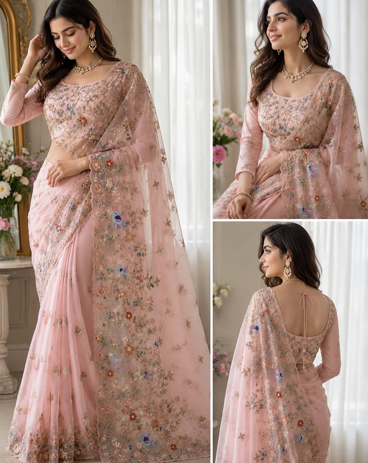 Fashion Hut Blush Petal Floral Embroidered Net Saree Set