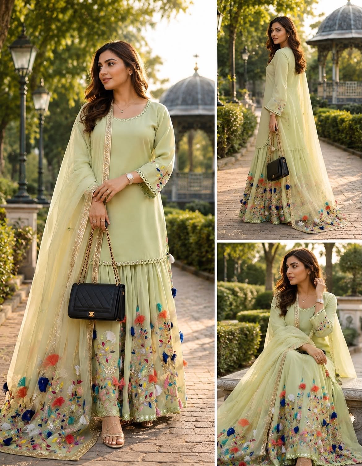 Fashion Hut Pastel Sage Floral Handcrafted Mirror Work Sharara Suit