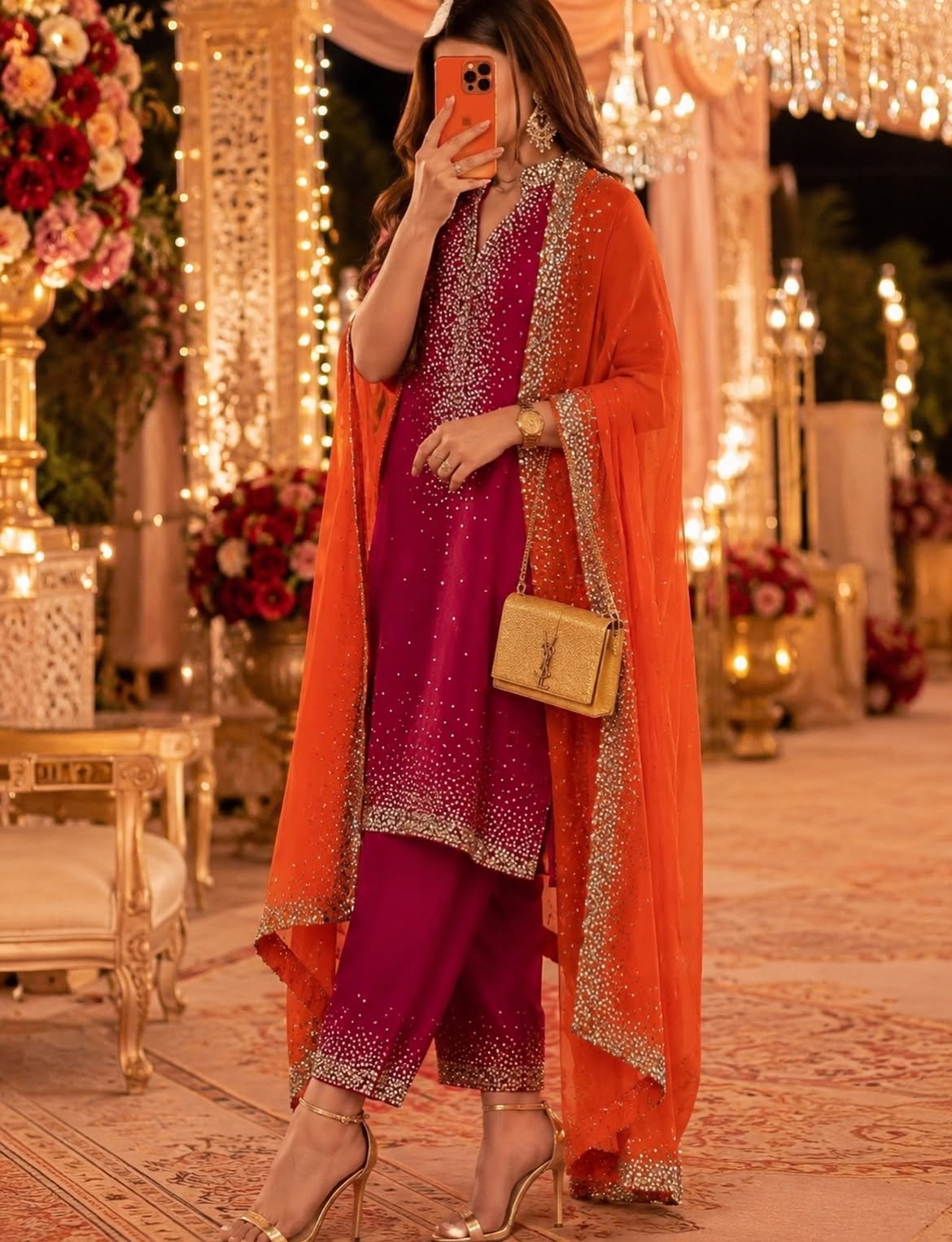 Fashion Hut Radiant Magenta & Sunset Orange Handcrafted Embellished Suit