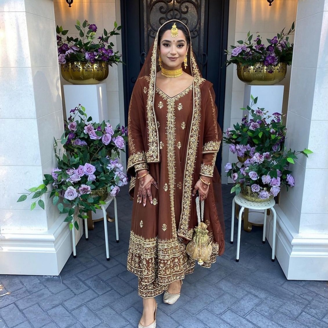 Fashion Hut Regal Chocolate Brown Handcrafted Embroidered Punjabi Frock Suit