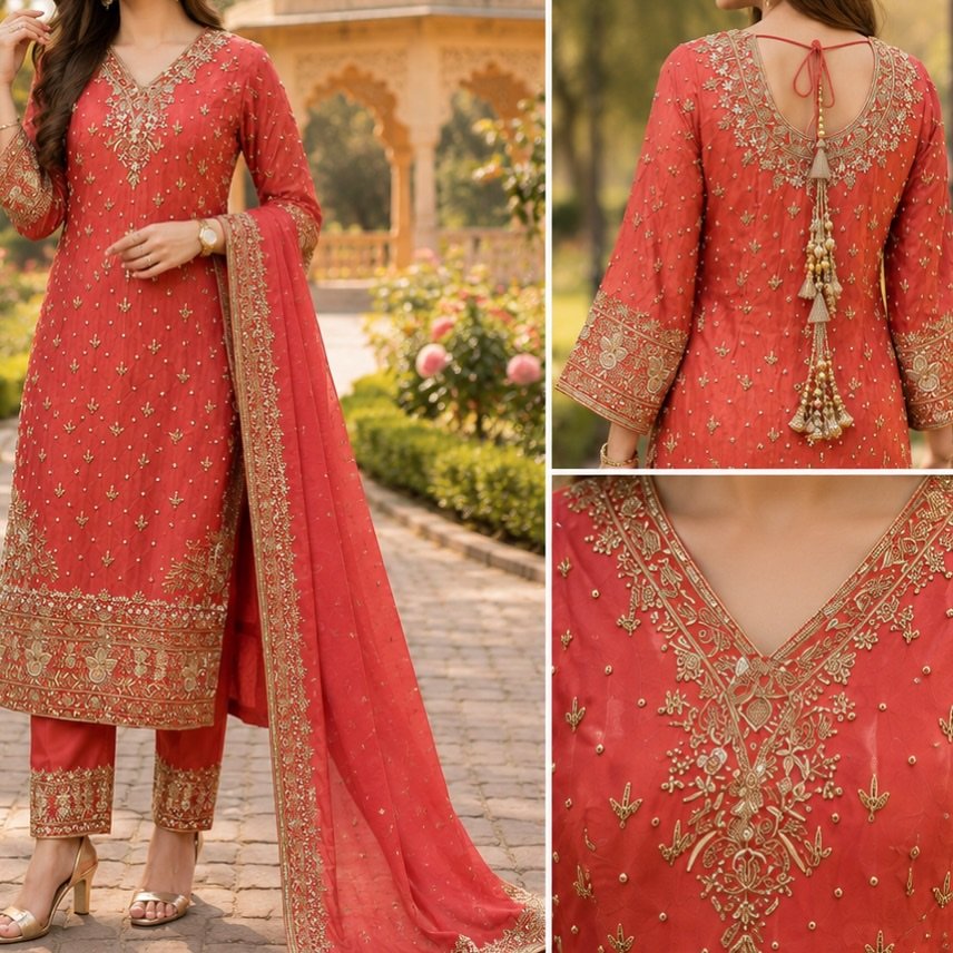 Fashion Hut Crimson Radiance Handcrafted Zardosi & Sequin Pakistani Suit